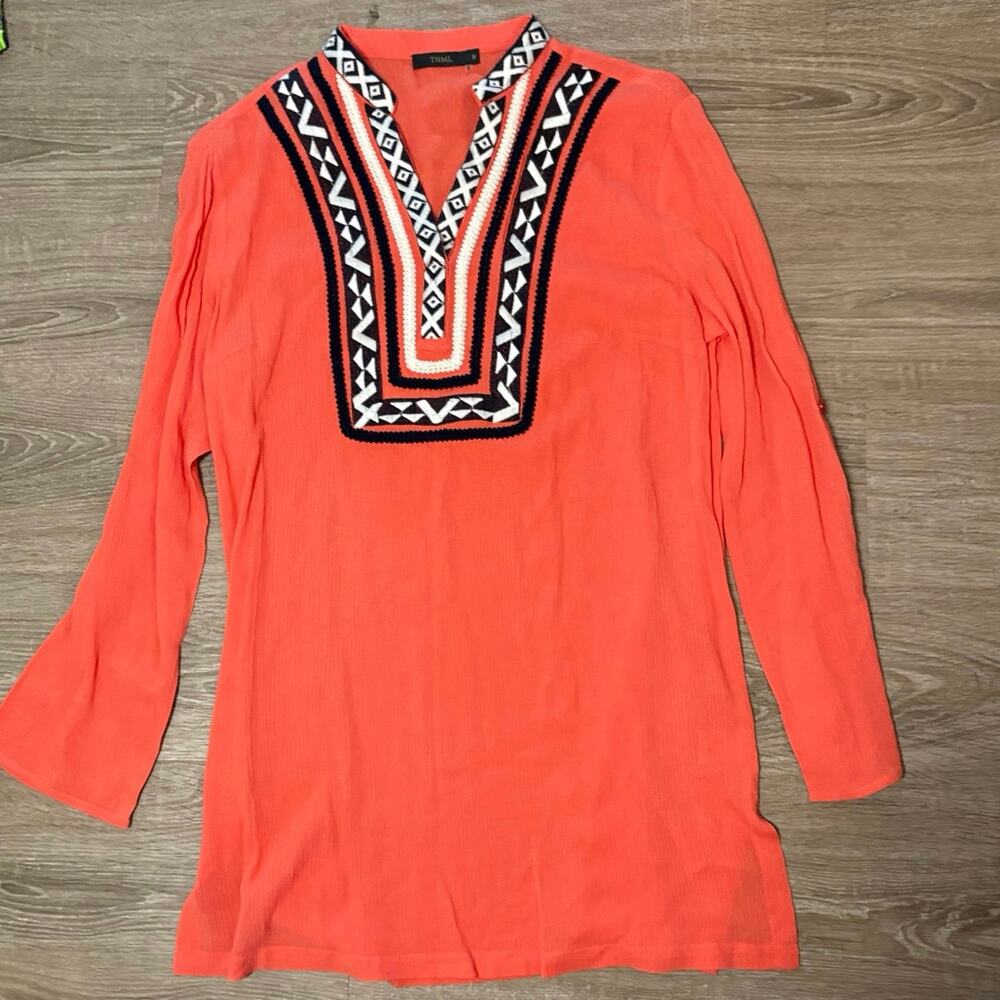 THML Embroidered Boho Tunic Top Coral Orange Medium